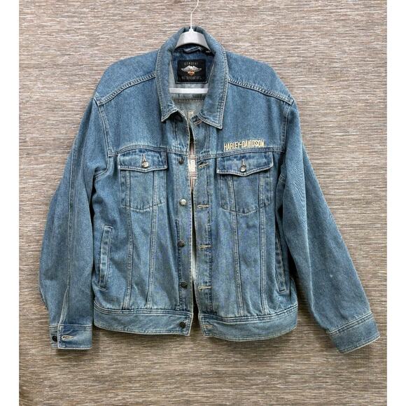 Vintage Harley Davidson Motorcycle Denim Jean Jacket Blue Cotton Men's Size L